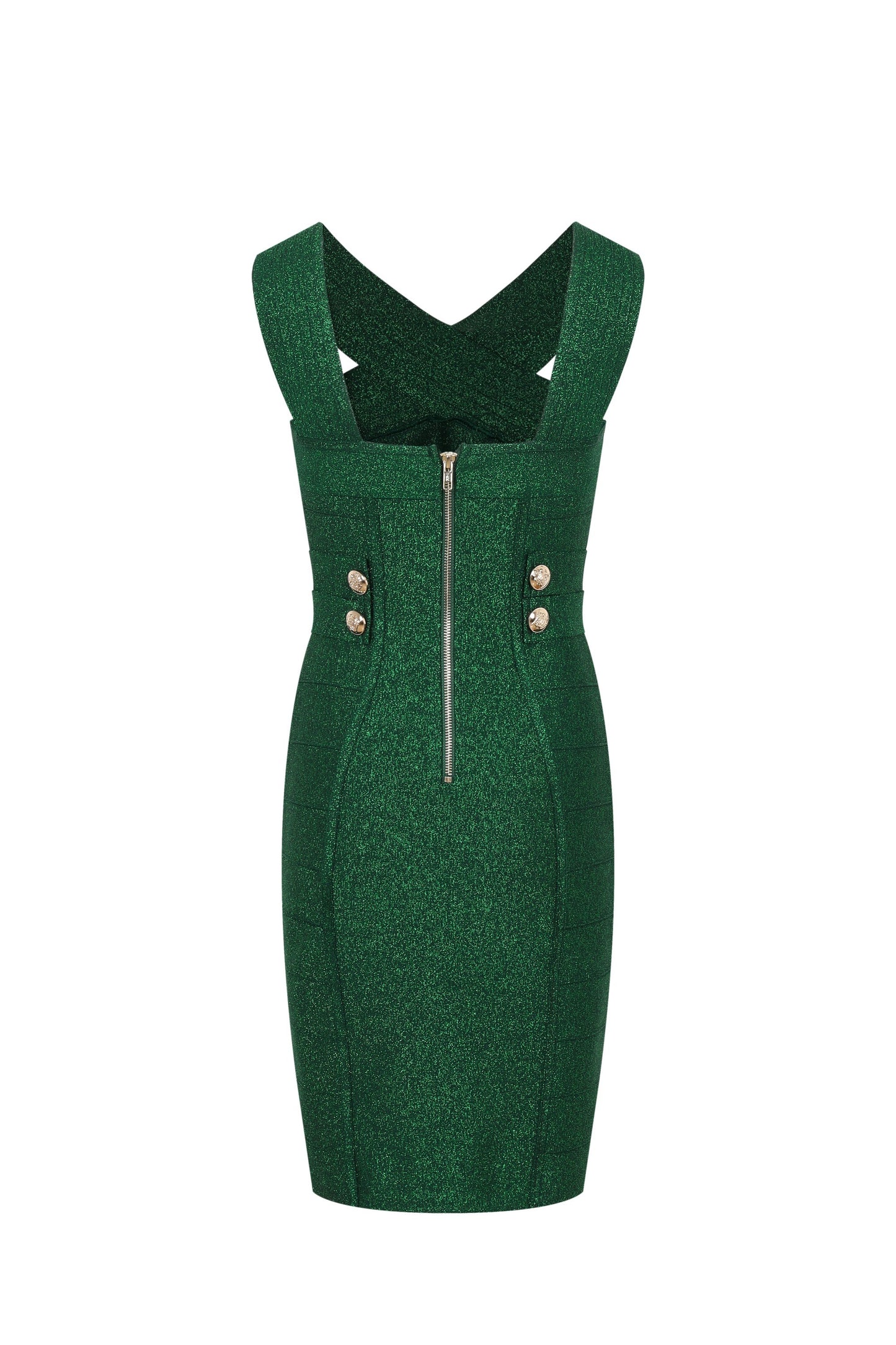 Metallic Bandage Slvls Dress W/ Gold Buttons