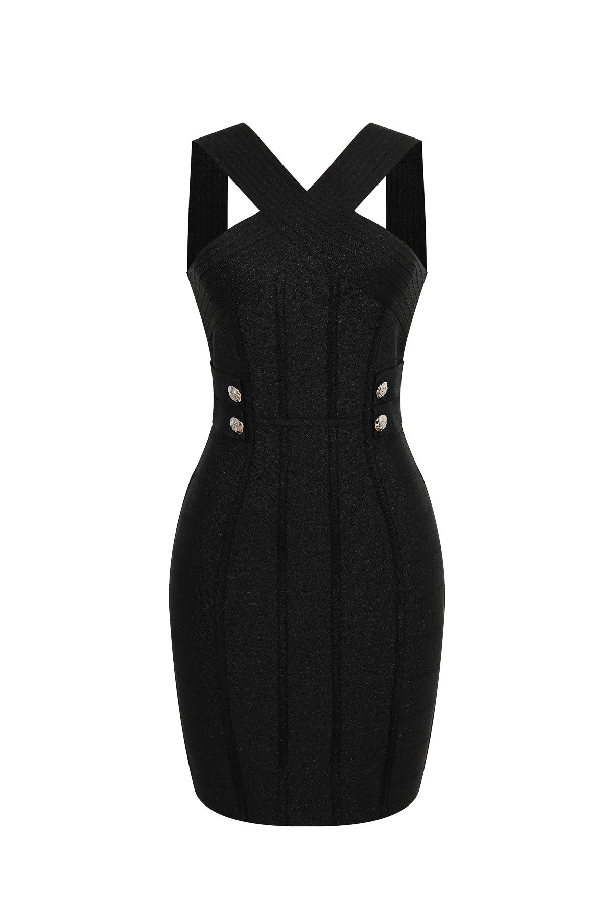 Metallic Bandage Slvls Dress W/ Gold Buttons