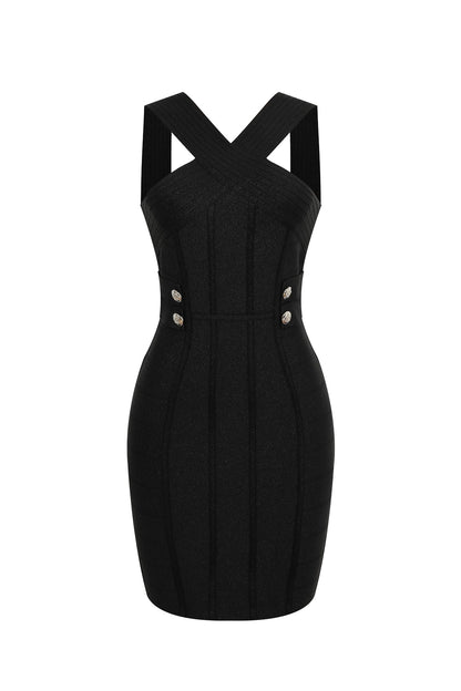 Metallic Bandage Slvls Dress W/ Gold Buttons