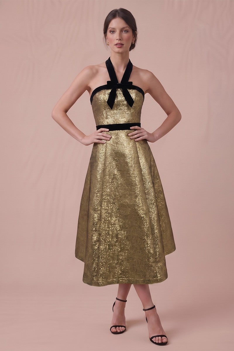Velvet Bow Detail Gold Jacqaurd Midi Dress //preorder//
