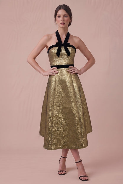Velvet Bow Detail Gold Jacqaurd Midi Dress //preorder//