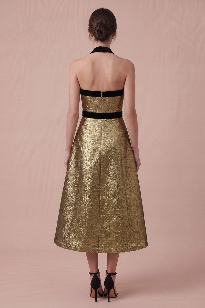 Velvet Bow Detail Gold Jacqaurd Midi Dress //preorder//