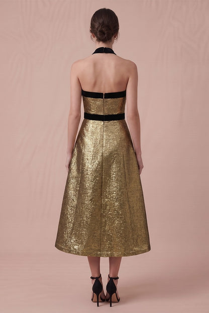 Velvet Bow Detail Gold Jacqaurd Midi Dress //preorder//